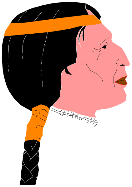 The image shows a black and white illustration of an indigenous woman with braided hair wearing traditional attire; she is depicted in profile facing left against a dark background.