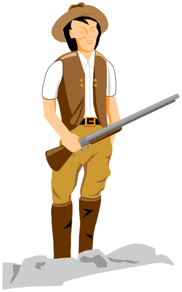 The illustration depicts a man dressed as an old western cowboy holding two guns crossed over his chest while standing on snow-covered ground with mountains in the background.