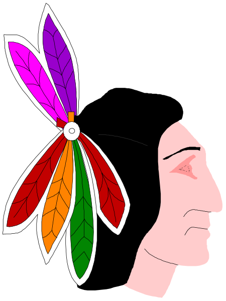 The image shows a colorful headdress with feathers resembling an Indian chief's headband on top of what appears to be a person wearing red clothing in front of it; there is no text present, and only one object can be identified: "headdress."