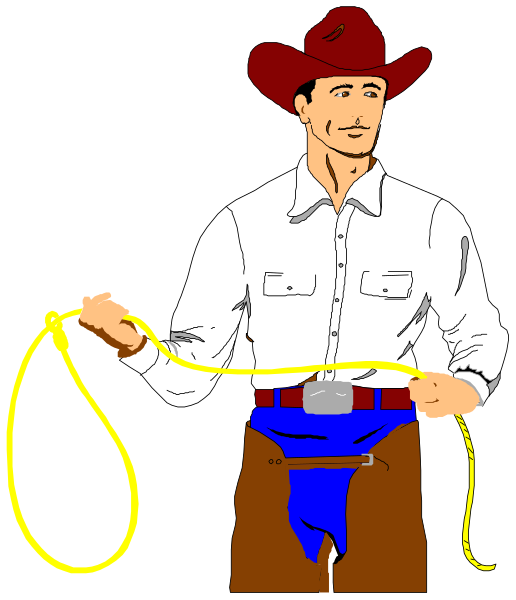 The illustration depicts a man holding a yellow rope with his left hand while wearing cowboy attire including chaps, boots, hat, shirt, vest, belt buckle, jeans, gloves, spurs and carrying a lasso in his right arm; he is standing against a dark background.