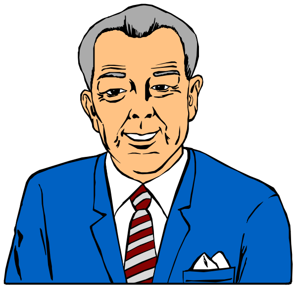 The cartoon shows a man with gray hair wearing glasses sitting at his desk behind two microphones on stands; he is dressed in formal attire including a suit jacket over an open shirt collar, striped tie, and patterned pocket square.