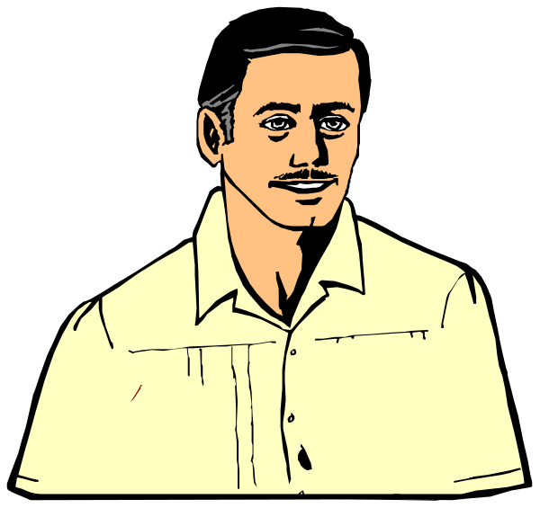 The image shows a man with mustache drawn on him against black background; he is wearing white shirt under blue jacket.