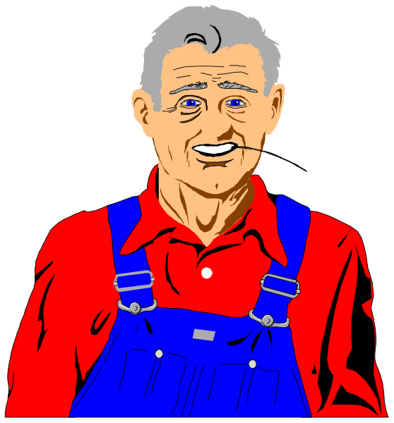 The image shows a cartoon of an elderly man wearing overalls with suspenders, standing against what appears to be a dark background; he has gray hair, is smiling slightly, and seems contented as if posing for this portrait-style illustration.