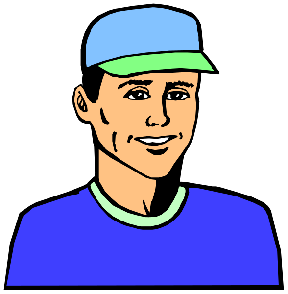 The image shows a cartoon of two different illustrations side by side: on the left is an illustrated man with blue shirt smiling at camera; right next to him is another drawing showing his face in profile view, also wearing cap and green top.