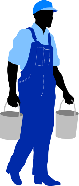 The image shows a cartoon of an adult male figure wearing blue overalls standing next to two white buckets with handles on top; he is holding one bucket in each hand while looking down at them.
