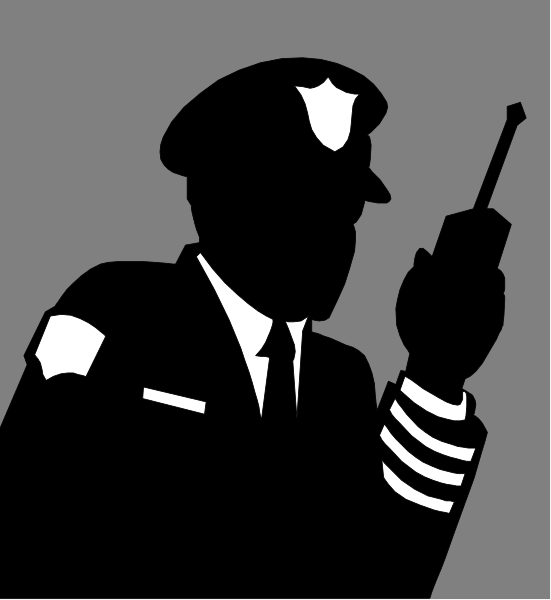 The black and white silhouette of a police officer holding an antennae to his ear while standing next to another figure who appears to be speaking into it.