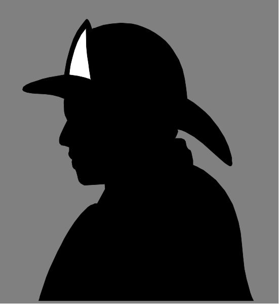 The black and white silhouette of a person wearing firefighter gear with an axe on their back.