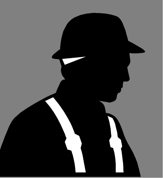 The image shows two black silhouettes of a man wearing suspenders against different backgrounds: on top is gray with no additional details; below it has an orange-brown gradient that suggests depth but does not provide any other information about setting, objects, or actions within this clip art style icon.