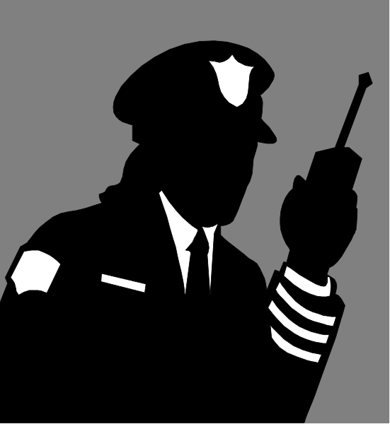 The image shows a black silhouette of an officer holding up his hand to talk on a phone with another smaller picture inset showing him standing next to a police car.