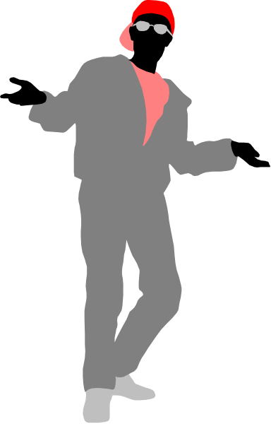 The image shows a black and white silhouette of an individual dancing with their arms outstretched against a dark background.
