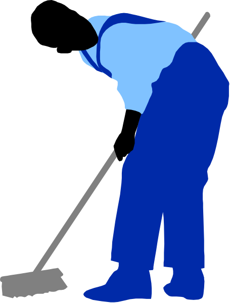 The image shows a cartoon of an animated man cleaning with a mop while wearing blue clothing; he is depicted from behind as if looking out through his back window into another room where there's no visible activity, and it appears to be daytime outside due to natural light illuminating the scene.