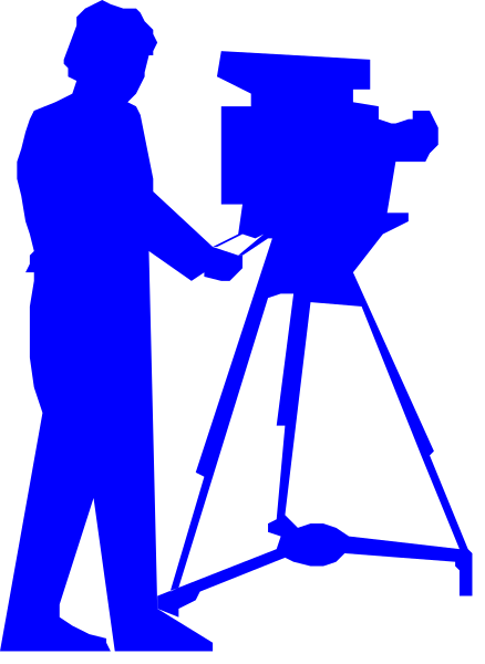 The image shows a black silhouette of an adult male figure standing behind a camera tripod with blue lighting illuminating him from above; he is holding what appears to be film stock in his hands while looking through it, and there's no background detail provided within this clip-art style.
