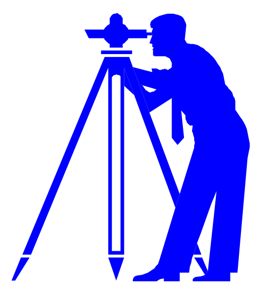 The image shows a silhouette of an adult male figure using a surveying instrument to measure distances while standing next to a tripod with a level on top in front of him; he is positioned behind a blue line, which represents his baseline for measurement.