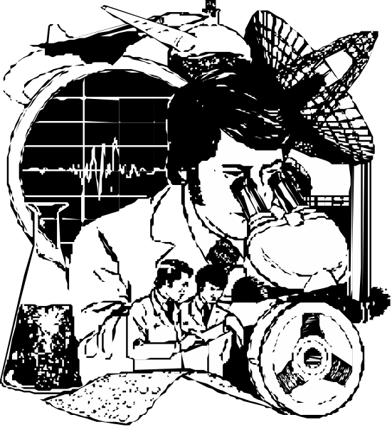 The black and white illustration depicts a man sitting at an office desk with various items around him such as papers, books, scissors, tape dispenser, stapler, ruler, pencil sharpener, lamp, telephone receiver, globe on stand, microphone, headphones, fan, clock, cup of coffee and donut.