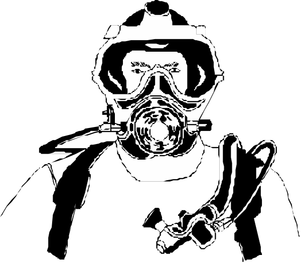 The black and white illustration features a gas mask with an oxygen tank on its back atop what appears to be a person's head in profile view against a dark background; there is also text that reads "GAS MASK" prominently displayed above the image, suggesting it may represent or symbolize something related to safety equipment.