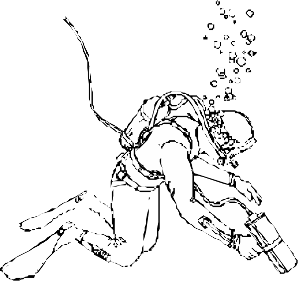 The black and white illustration shows a person scuba diving underwater with bubbles around them; there is no text present in this image.