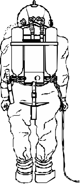 The black and white illustration shows a person wearing an astronaut suit with various equipment strapped to it standing next to what appears to be a space shuttle on launchpad.