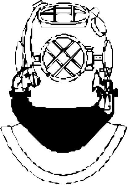 The black and white illustration shows a scuba diving helmet with an oxygen tank attached to it on top of what appears to be a person's head in profile view from behind.