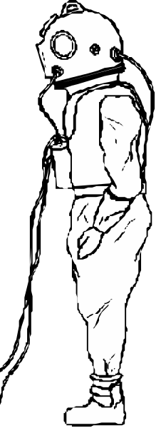The black and white illustration shows a person wearing an astronaut suit standing next to another figure that appears to be in scuba gear with flippers on their feet; both figures have helmets covering most of their heads, obscuring facial features.