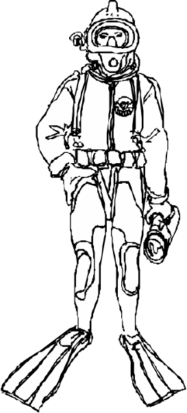 The black and white illustration shows a person wearing an astronaut suit with fins on their feet standing next to what appears to be scuba diving gear in front of them.