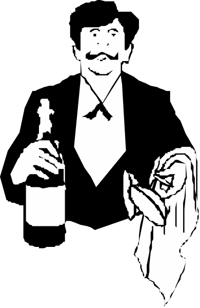 The black and white illustration shows a man holding an open bottle of wine with his left hand while standing next to another person who is also holding a closed bottle in their right hand; both individuals appear to be dressed formally, possibly as waiters given the attire which includes ties visible on them.