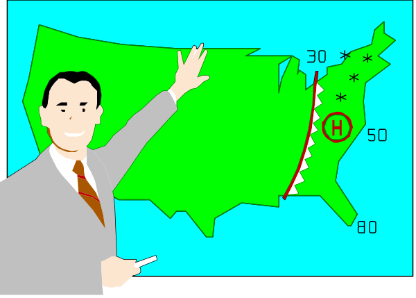 The image shows a cartoon of an animated news anchor standing behind a map with weather patterns on it while pointing at them during a broadcast.