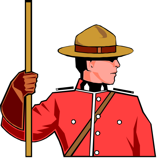 The image shows a man dressed as Mountie Sam from Canada's Royal Canadian Mounted Police (RCMP), standing in front of two flags: one is red with white trim representing British Columbia Provincial Flag, and another represents an American flag.