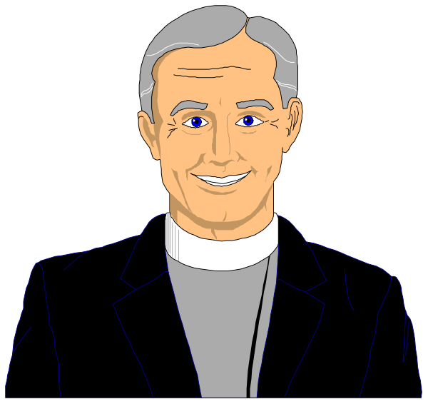 The image shows a cartoon of an older man with gray hair wearing glasses, dressed as a priest in black robes standing against a dark background; he is smiling slightly at the viewer.