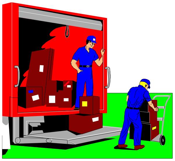 The comic strip shows two panels: In panel A, a man stands inside an open red truck filled with boxes; he is wearing blue overalls and has his hands on hips as if posing for the photo. Panel B depicts another person outside of the same truck who appears to be loading or unloading items from it onto a cart that's being pulled by them, also dressed in similar attire but without any visible face details due to angle and distance.