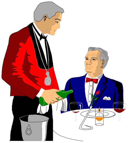 The illustration shows a man standing at a dining table with wine glasses on it; he is holding an award-shaped object in his hand while another person sits across from him looking upwards towards something out of frame, possibly indicating attention to someone not visible within this image.