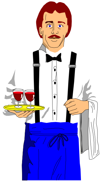 The illustration shows a man dressed as a waiter holding two wine glasses on his tray while standing behind an apron with ties hanging down from it; he is wearing suspenders over white pants and has red hair, blue eyes, and mustache.
