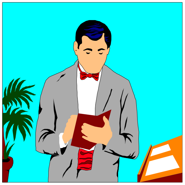 The image shows a man standing outdoors with his back to us; he is wearing a suit jacket over a red shirt paired with white pants, holding an open book in one hand while looking down at it. He has short hair and appears focused on reading or studying from the textbook-like item held by him. The background features palm trees suggesting a warm climate setting.