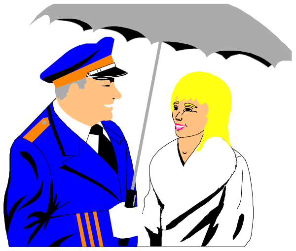 The image shows a black and white illustration of two police officers standing under an umbrella during rainy weather; both appear to be engaged in conversation with each other while one officer is holding onto their hat against the wind, suggesting that it's quite gusty outside.