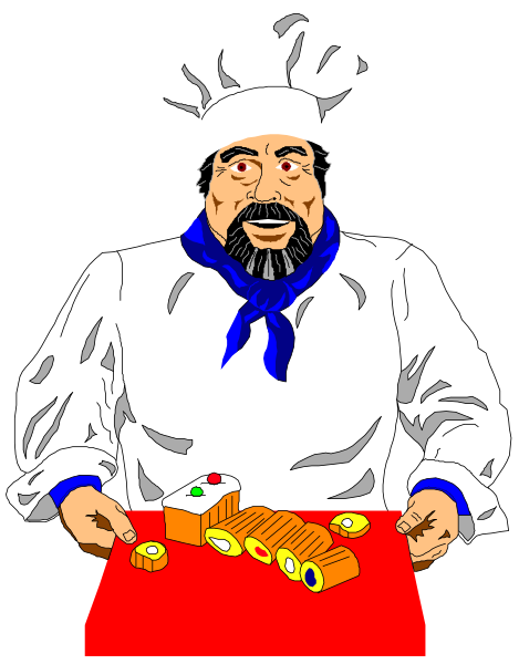 The illustration shows a chef with mustache holding food items on his hands while standing behind countertop at restaurant kitchen area.