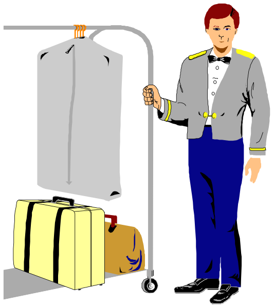 The illustration depicts a man standing next to luggage carts filled with suitcases at an airport terminal.