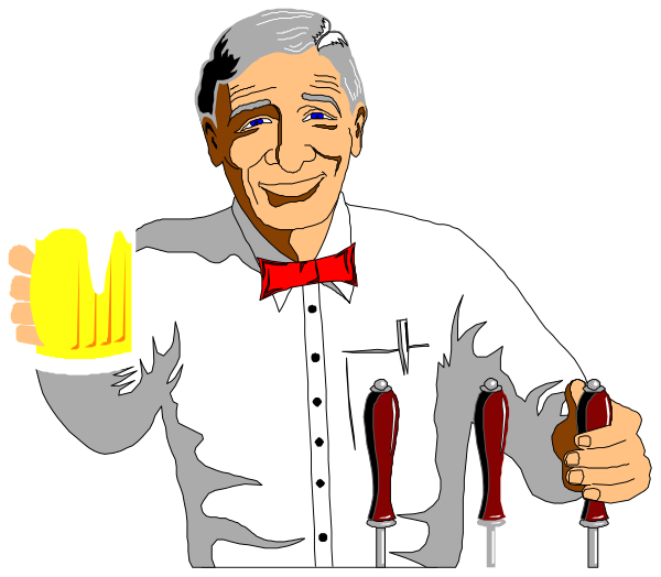 The cartoon depicts a man holding up two beer mugs with his hands while standing behind three more on a countertop in what appears to be an establishment that serves alcoholic drinks.