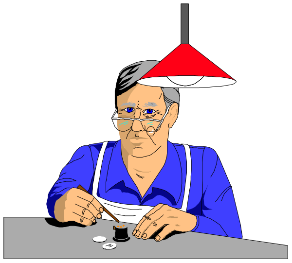 The cartoon depicts an older man sitting at a table with his hands on some coins he is inspecting closely under a magnifying glass in what appears to be a dark room illuminated by red light, possibly from a lamp above him.