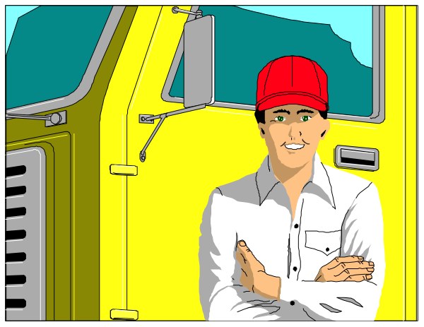 The image shows a man standing next to an old yellow truck with his arms crossed; he is wearing a red cap and white shirt.