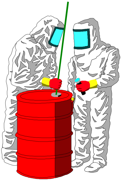 The illustration shows two individuals wearing full protective suits with hoods covering their heads; each suit is white with red stripes on arms and legs, yellow gloves worn by hands holding tools like a wrench and pliers over an open barrel of oil drums in what appears to be an industrial setting or possibly during maintenance work.