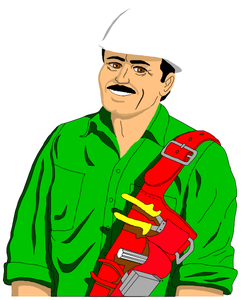 The illustration shows a man wearing an orange hard hat with white lettering on it, holding what appears to be a fire extinguisher in his right hand while standing outdoors during daylight hours.
