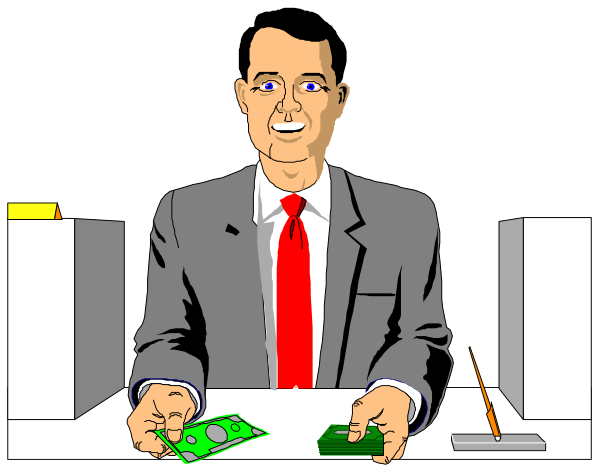 The cartoon shows a man standing behind a counter with money on it; he is wearing a suit and tie.