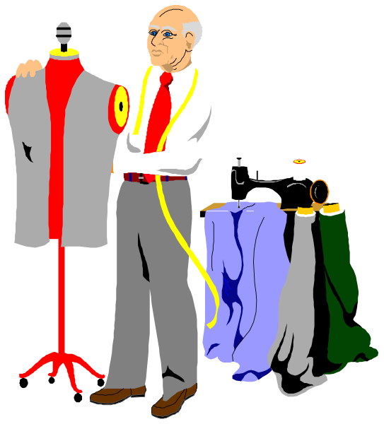 The illustration shows a man standing next to an ironing board with several pieces of clothing on it; he is holding up what appears to be a garment for display while looking at another piece hanging from his neck, possibly indicating that this could be part of his job or hobby as a tailor.