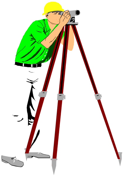 The illustration shows a person standing behind an optical surveying instrument with tripod legs on it, looking through its eyepiece at something in front of them while wearing white pants and holding binoculars to their eyes.