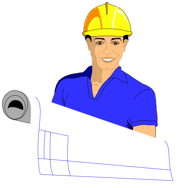 The image shows a man wearing blue overalls holding up architectural plans while standing next to rolled paper with construction drawings on it; he is smiling at something off-camera.