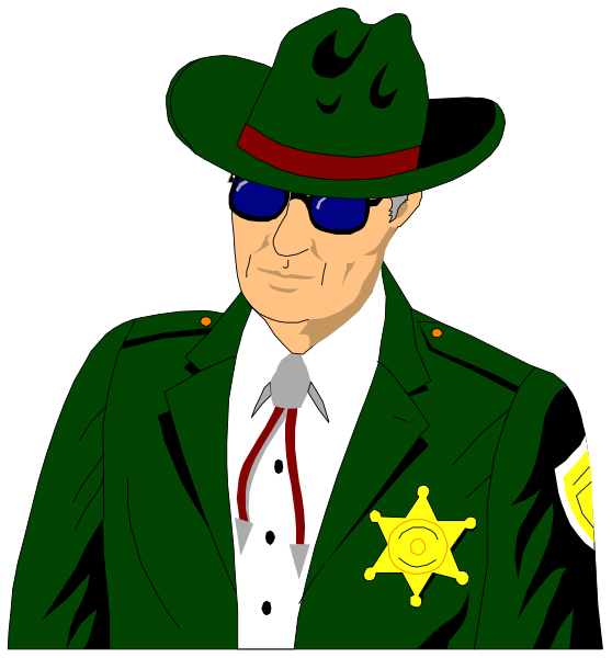 The image shows a cartoon of an older man dressed as a park ranger with sunglasses on his head, wearing a green uniform complete with badge, hat, tie, vest, pants, boots, and cowboy-style shirt; he is standing in front of what appears to be the entrance gate or ticket booth for Yellowstone National Park.