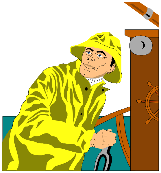The illustration shows a man dressed as an old sailor standing next to a ship's wheel on what appears to be a boat deck with water in the background; he is wearing yellow rain gear over his clothes and has white hair, glasses, and mustache.