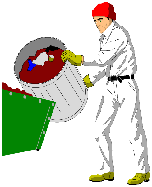 The cartoon shows a man wearing white overalls standing next to an open trash can filled with various items such as bottles and papers; he is holding onto another full garbage bin while looking down at it.