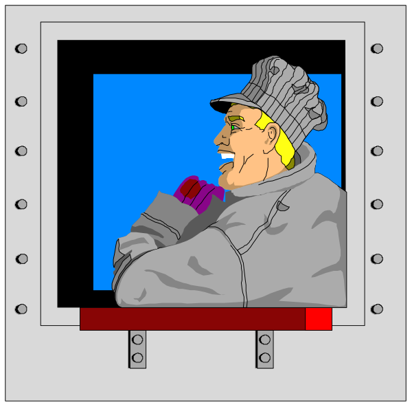 The cartoon shows a man with blonde hair wearing glasses sitting at an ATM machine that is dispensing money into his hand while he looks upwards towards something unseen in front of him; there's also another person standing behind and to the right, looking onwardly from within what appears to be a safe or vault.