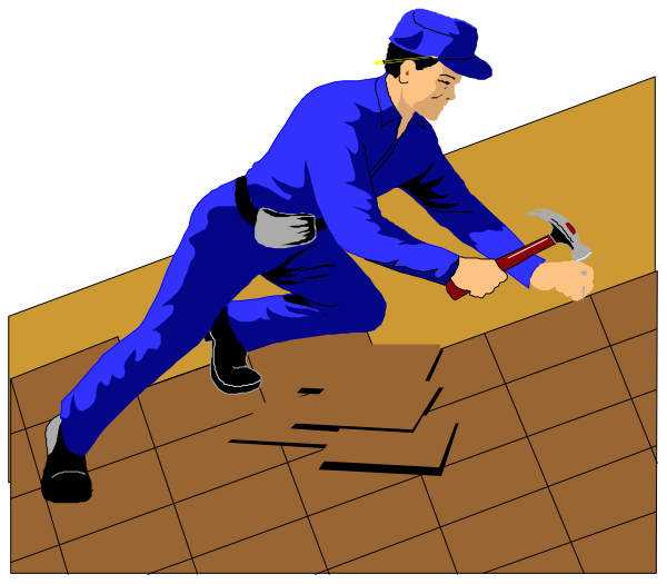 The image shows a man wearing blue overalls working on floor tiles with a hammer; he is crouched down to reach them while holding his foot up against an object in front of him that appears damaged.