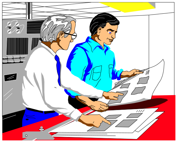 The illustration depicts two men standing at a table with blueprints spread out on it; behind them is an office environment featuring computer monitors displaying schematics of buildings under construction.